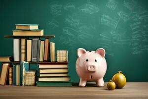 On a green chalkboard backdrop, books share space with a piggy bank AI Generated photo
