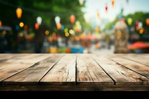 Party scene blurs behind an unoccupied wooden table in focus AI Generated photo