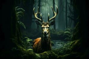 realista foto un ciervo oculta sí mismo en un obsesionante bosque ai generado