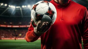 Soccer player in red team jersey holds ball, stadiums focal point AI Generated photo