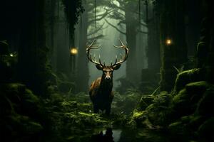 Spooky forest backdrop a hidden deer in a lifelike portrayal AI Generated photo