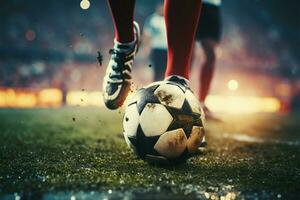 estadio patada inicial fútbol jugadores pies reunirse el ansioso fútbol pelota ai generado foto