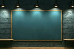 Spotlights illuminate a brick showroom with a chalkboard and blue wall AI Generated photo