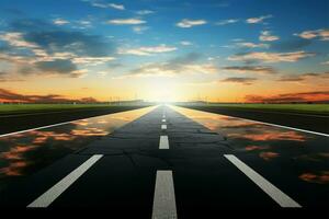 amanecer gracias el aeropuerto pista, evocando el espíritu de viaje ai generado foto