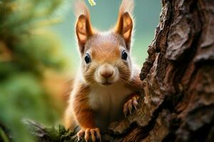 A red squirrel, transformed and curious, peeks from behind a tree AI Generated photo