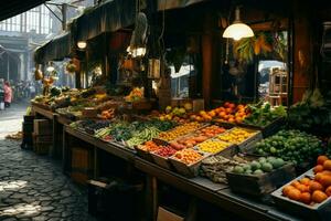 A roofed marketplace showcases the bounty of local fruits and veggies AI Generated photo
