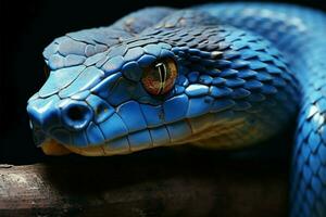 el enigmático rostro de un azul víbora serpiente arriba cerca ai generado foto