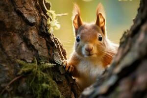 The inquisitive red squirrel undergoes a fascinating transformation behind a tree AI Generated photo