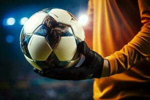 The soccer ball is held securely in the close up of the goalkeepers hands AI Generated photo