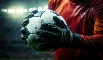 A tight shot captures the goalkeepers grip on the soccer ball AI Generated photo