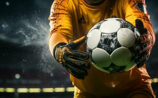 A tight shot captures the goalkeepers grip on the soccer ball AI Generated photo
