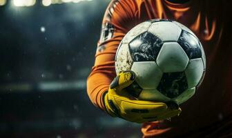 A tight shot captures the goalkeepers grip on the soccer ball AI Generated photo