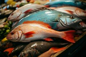 un vibrante Mariscos mercado vitrinas un formación de clasificado pescado ai generado foto