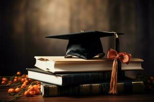 Academic achievement mortarboard, diploma, and book adorn the table AI Generated photo