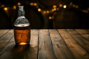 aéreo perspectiva cerveza botella, vaso, y tapas en de madera superficie ai generado foto