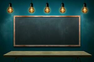 An empty room featuring a chalkboard, blue wall, and bulb lights AI Generated photo