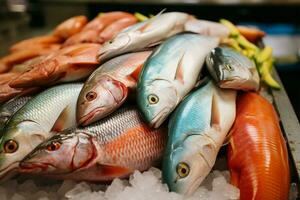 un surtido de Fresco pescado en monitor en el bullicioso mercado ai generado foto