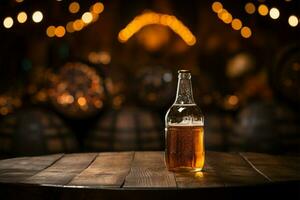 Beer themed composition bottle, glass, and caps on wooden tabletop AI Generated photo