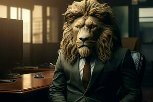 un corporativo ejecutivo, con un leones cabeza, preside terminado el oficina ai generado foto