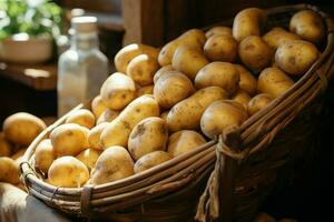 un mercado escena con un cesta de granja Fresco patatas en monitor ai generado foto