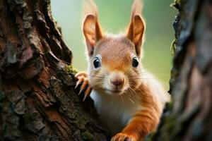 A curious red squirrel, transformed in appearance, investigates from behind AI Generated photo