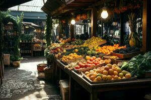 debajo un techo, el local mercado deslumbra con Fresco Produce ai generado foto