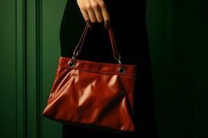 A photograph showcases a persons grasp on a chic bag AI Generated photo