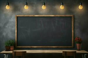 Versatile room with chalkboard, concrete wall, and artistic lighting setup AI Generated photo