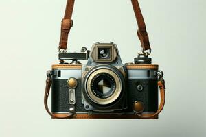 Vintage camera aloft, awaiting its photographic adventure on a plain backdrop AI Generated photo