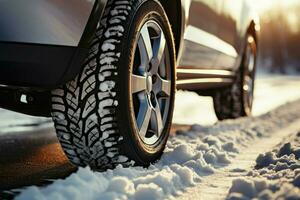 Winter tire close up on a car wheel navigating snowy road AI Generated photo