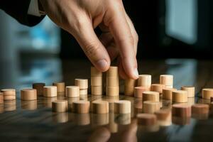 A businessmans finger shields wooden pieces, illustrating the stop loss concept AI Generated photo