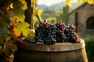 Amidst verdant vineyards, red wine and wooden barrel create ambiance AI Generated photo