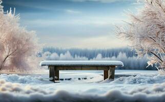 An empty desk enjoys the serene charm of a winter landscape AI Generated photo