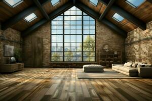 An expansive loft style room with ample windows, contemporary design elements AI Generated photo