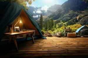 Ample desk space paired with a camping themed background AI Generated photo