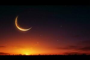 Arabic text space Crescent moon, star, twilight sky, orange sunlight AI Generated photo