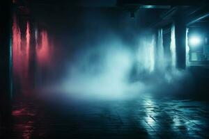 An eerie, vacant nocturnal setting with neon lights and smoke AI Generated photo