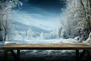 un vacío escritorio espolvoreado con copos de nieve, con vista a un sereno invierno paisaje ai generado foto