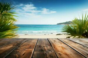 Beachy atmosphere old wood table with a blurred seaside view AI Generated photo