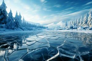 Beneath the winter sky, a frozen lake reveals blue ice cracks AI Generated photo