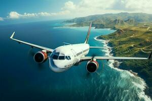 Birds eye view Aircraft passes over the sea and a distant island AI Generated photo