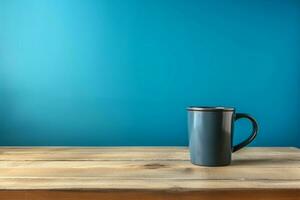 Black coffee mug, rustic wood table, contrasting with blue background AI Generated photo