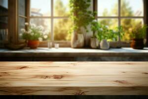 Bleached wooden table against a summery, blurred kitchen window backdrop AI Generated photo