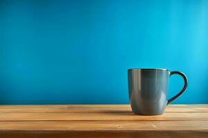 Black coffee mug, rustic wood table, contrasting with blue background AI Generated photo