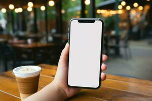 Blank white phone screen held by a woman during coffee break AI Generated photo