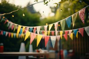 Blurry background of a festive outdoor party with colorful flag adornments AI Generated photo