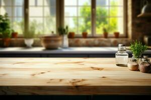 Blurred summer kitchen window complements a bleached wooden table surface AI Generated photo