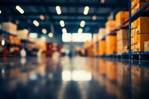 Blurry business environment, featuring a warehouse and bokeh light background AI Generated photo
