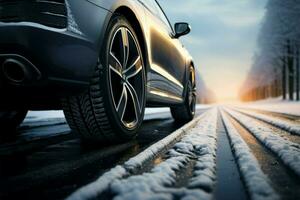 Brand new winter tires presented against a snow covered road background AI Generated photo