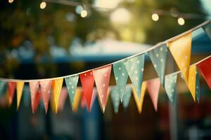 celebrar en estilo con Clásico tono, vistoso triangular bandera fiesta decoración ai generado foto